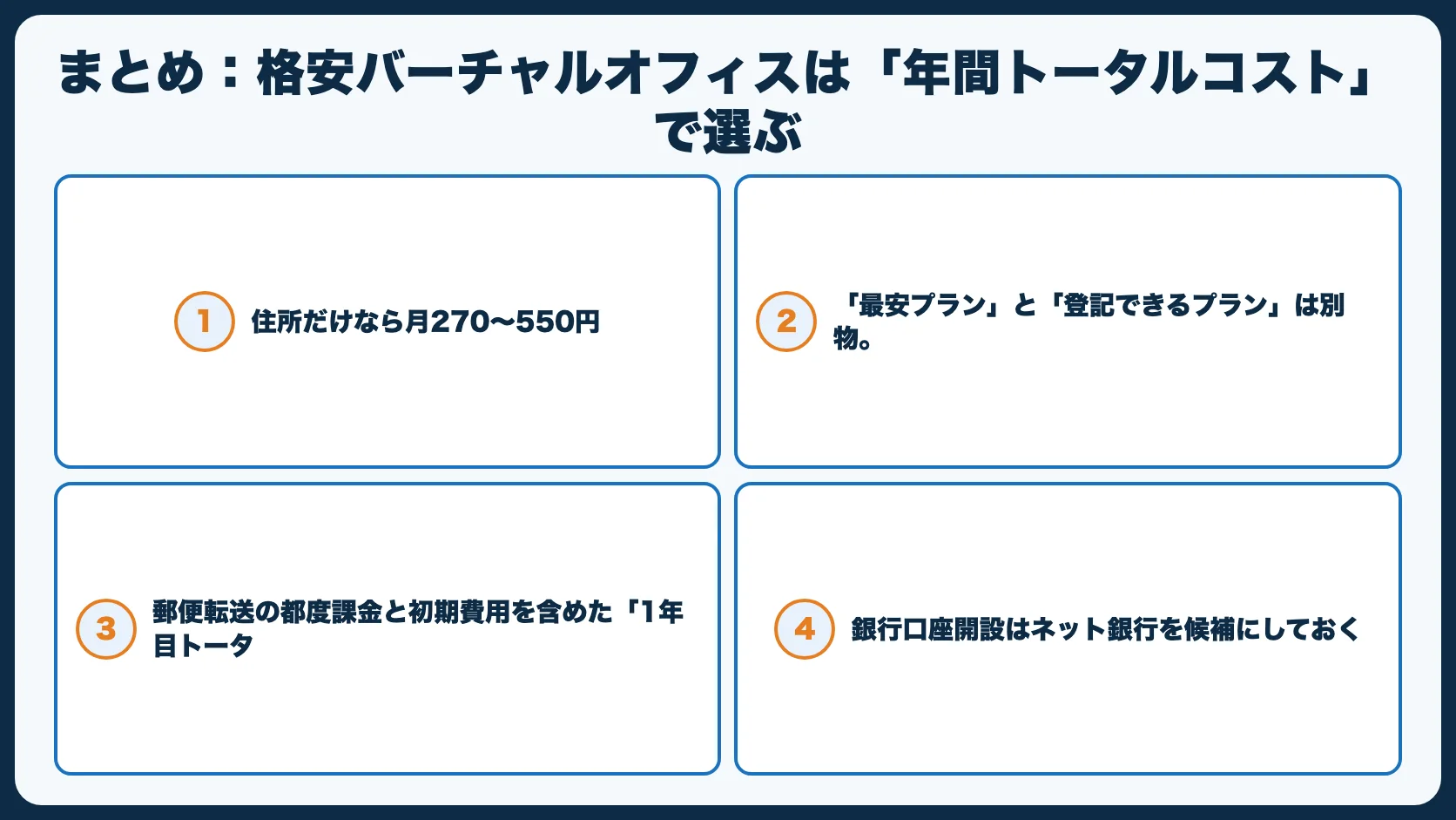 まとめ：格安バーチャルオフィスは「年間トータルコスト」で選ぶ